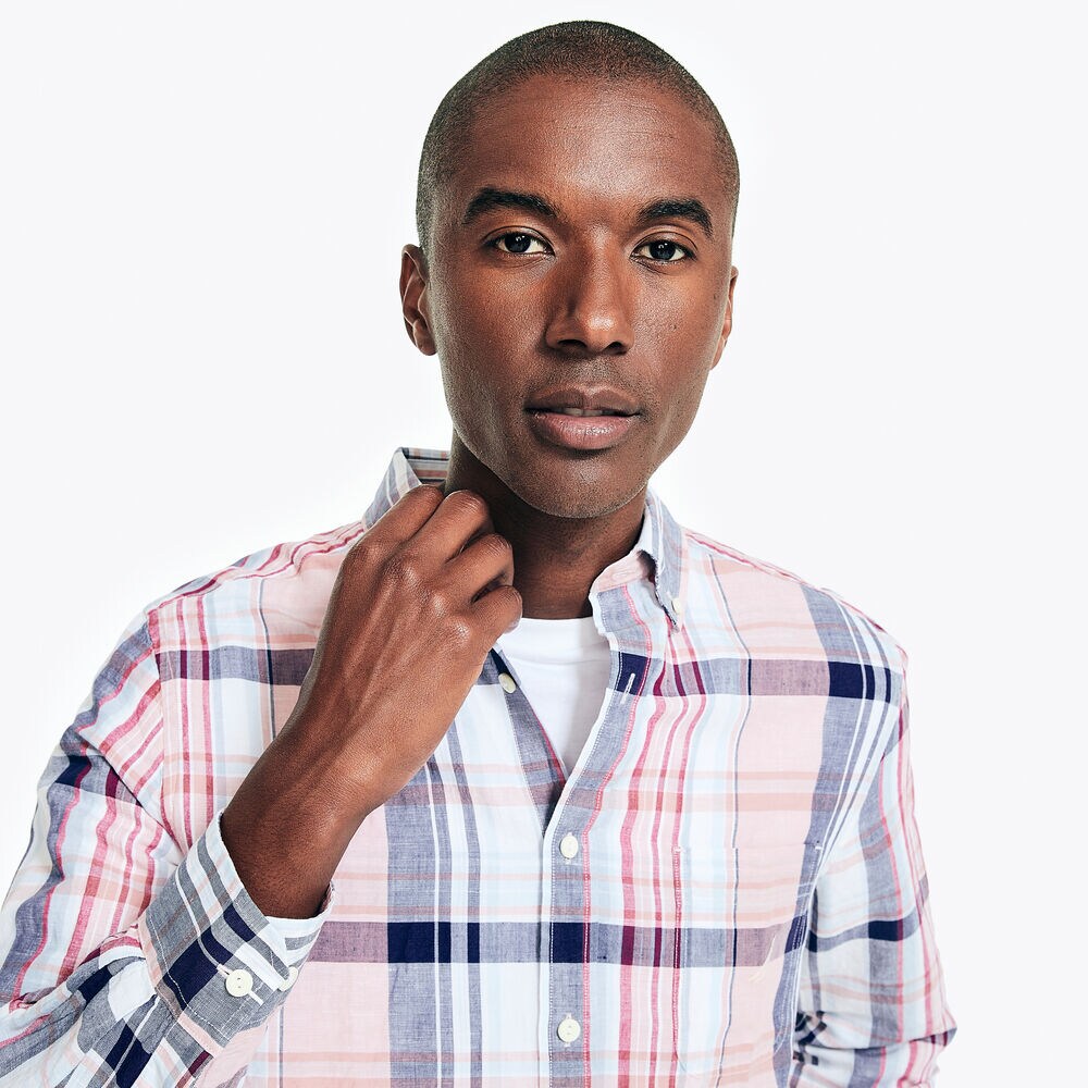 CLASSIC FIT PLAID LINEN SHIRT,Pomegranate,large
