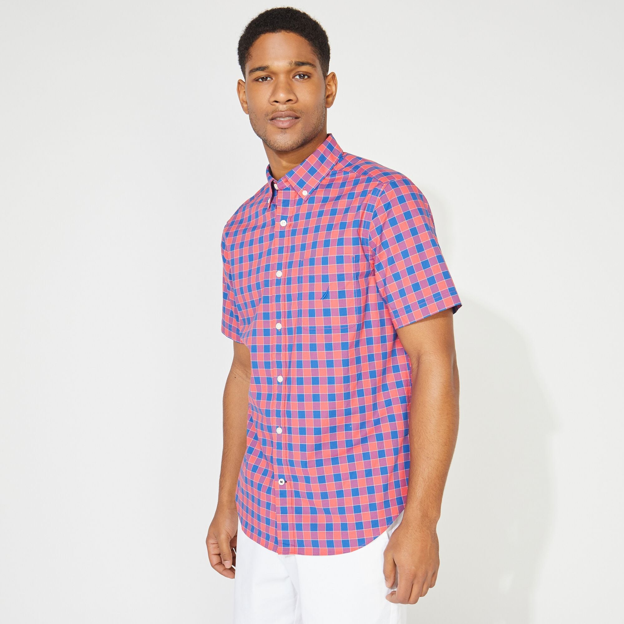 BIG & TALL PLAID SHORT-SLEEVE SHIRT,Persian Red,large