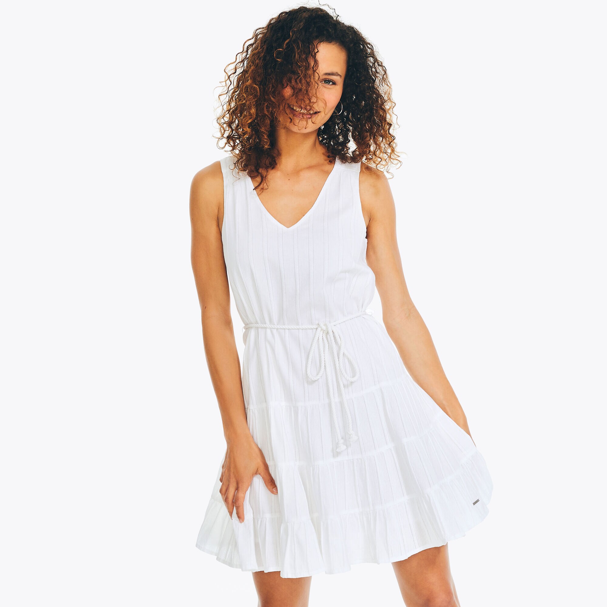 TIERED V-NECK DRESS,Bright White,large