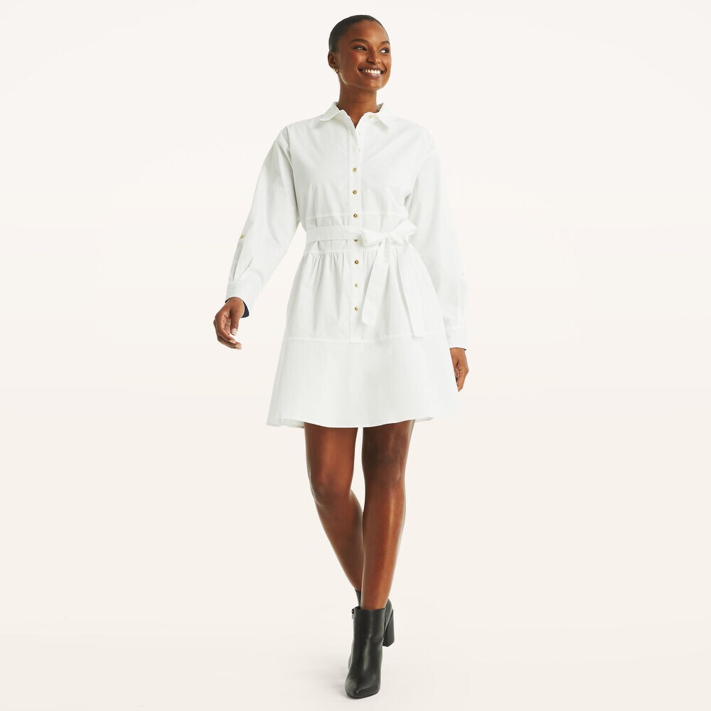 Long-Sleeve Shirt Dress,Bright White,large
