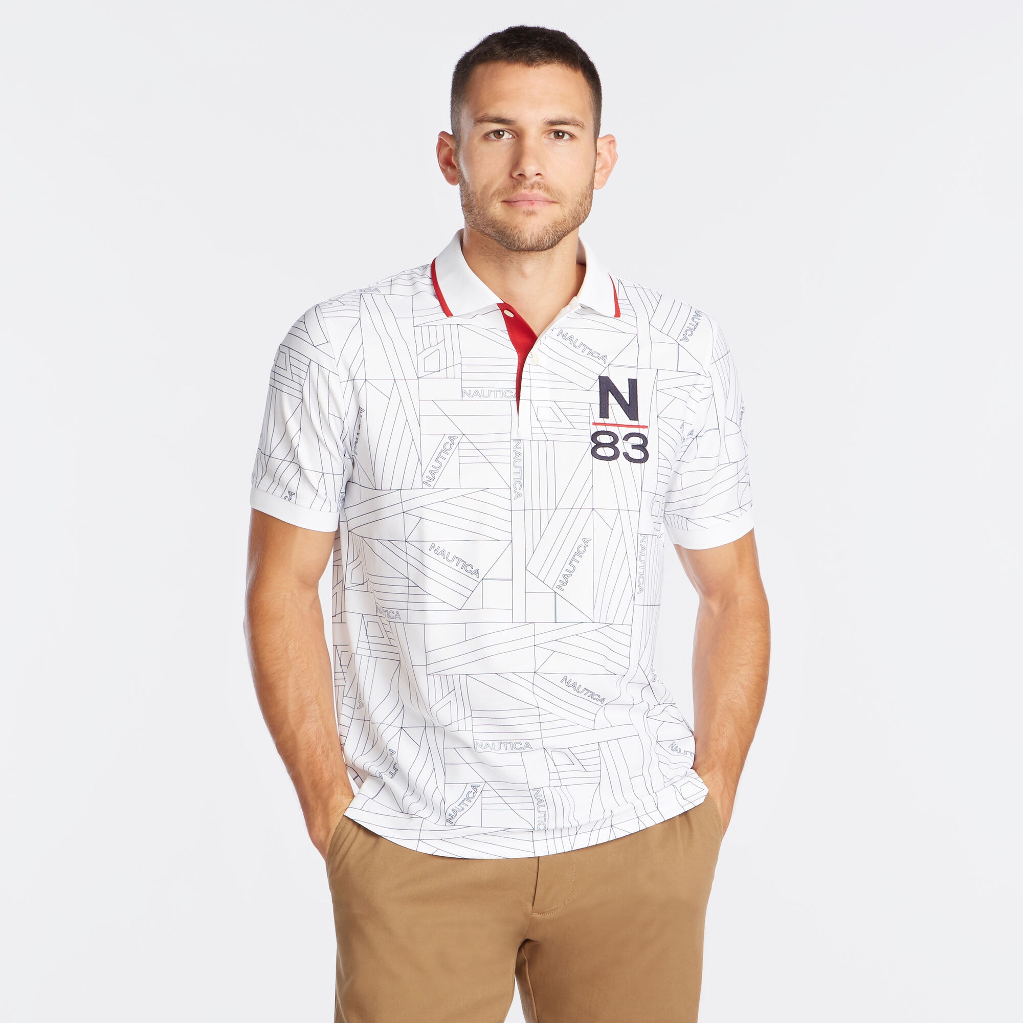CLASSIC FIT PRINTED N-83 PERFORMANCE POLO,Bright White,large