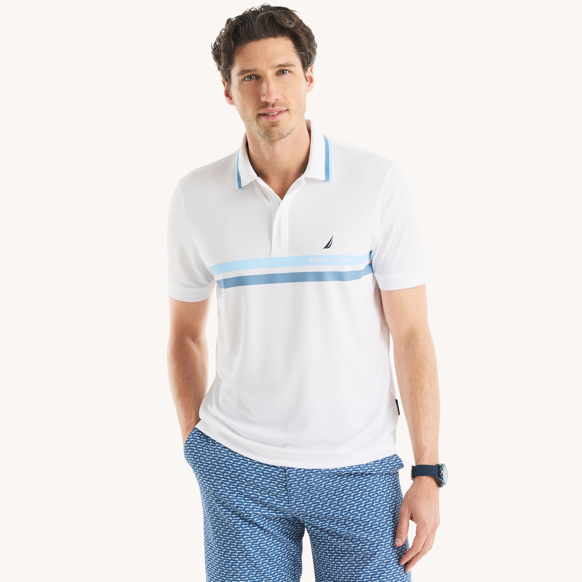 Navtech Striped Classic Fit Polo,Bright White,large