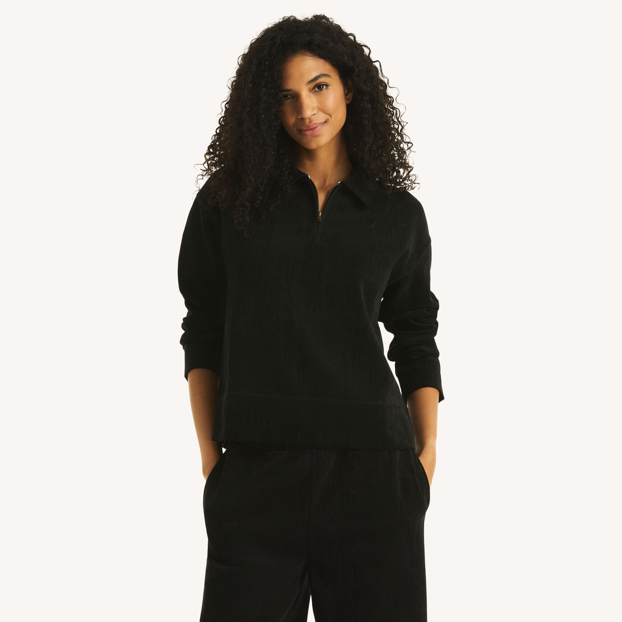 Herringbone Quarter-Zip Pullover,Black,large