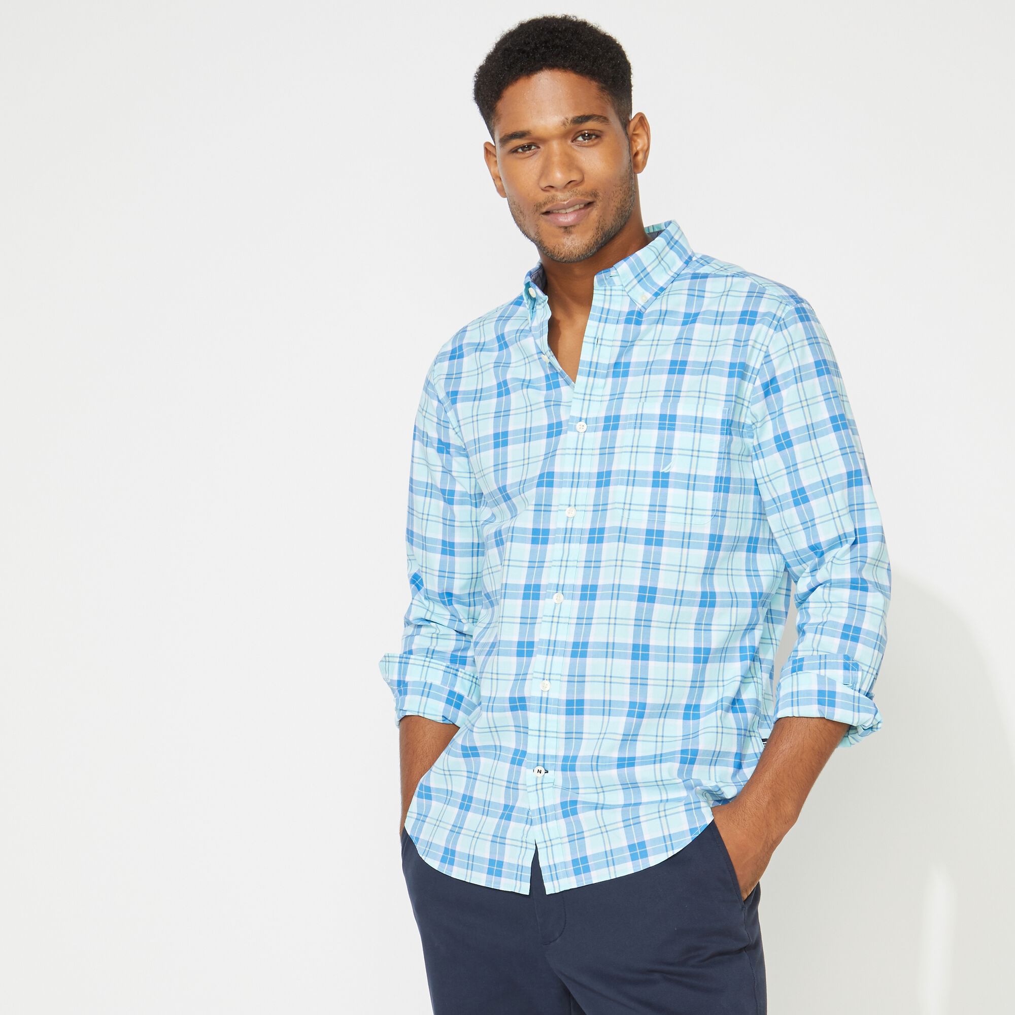 BIG & TALL CLASSIC FIT PLAID LONG SLEEVE PRINT OXFORD SHIRT,Aquadream,large