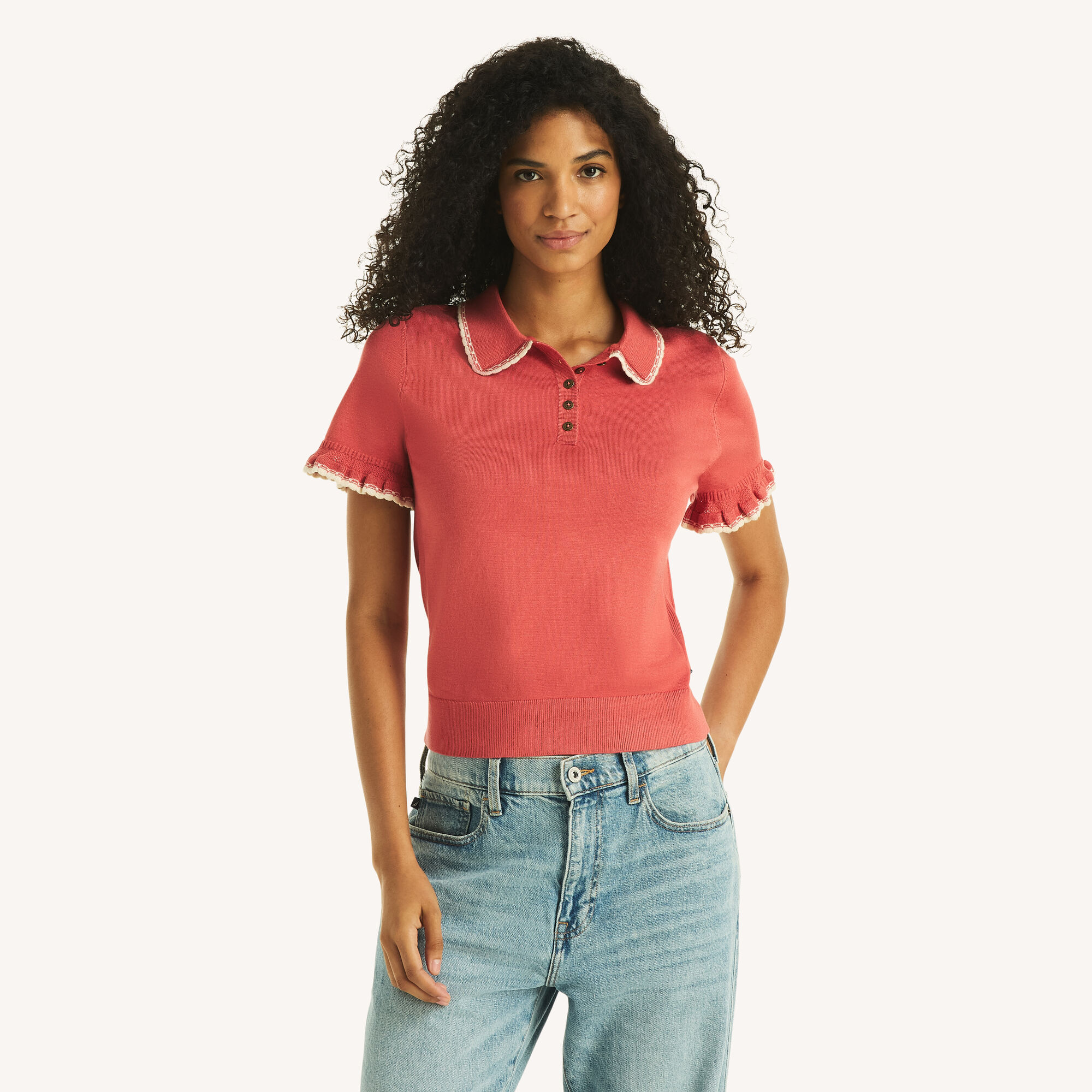 Ruffle Short Sleeve Polo Sweater,Buoy Red,large