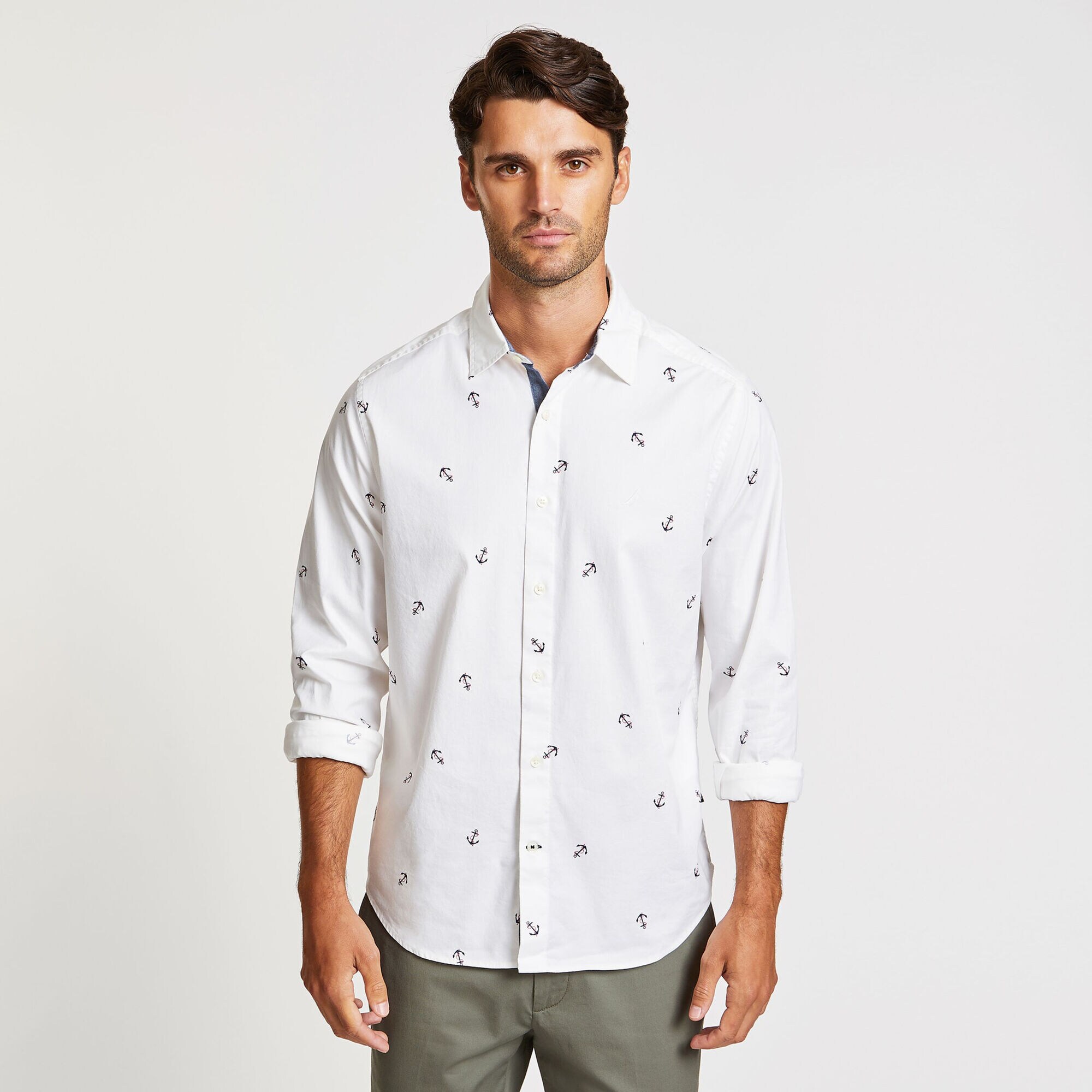 Long Sleeve Mini Anchor Motif Classic Fit Shirt,Bright White,large