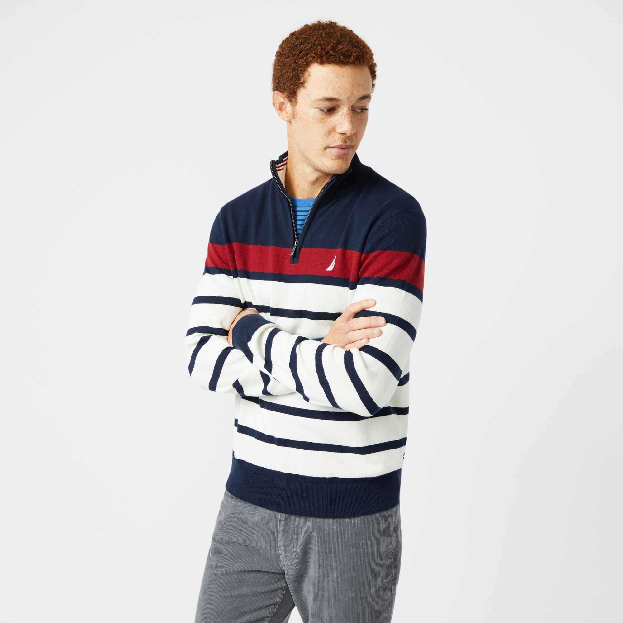 NAVTECH COLORBLOCK-STRIPED QUARTER-ZIP SWEATER,Navy,large