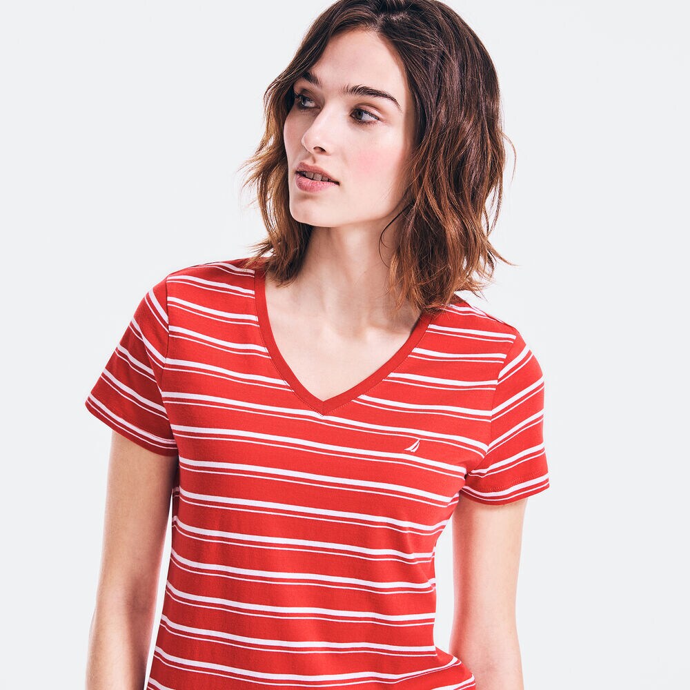 STRIPED V-NECK T-SHIRT,Buoy Red,large