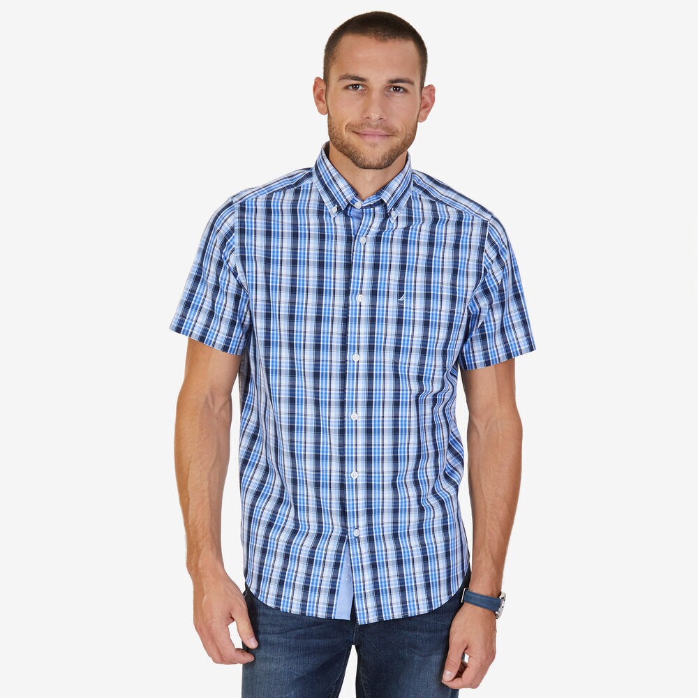 Classic Fit Sky Plaid Shirt,Light Tide Water Wash,large