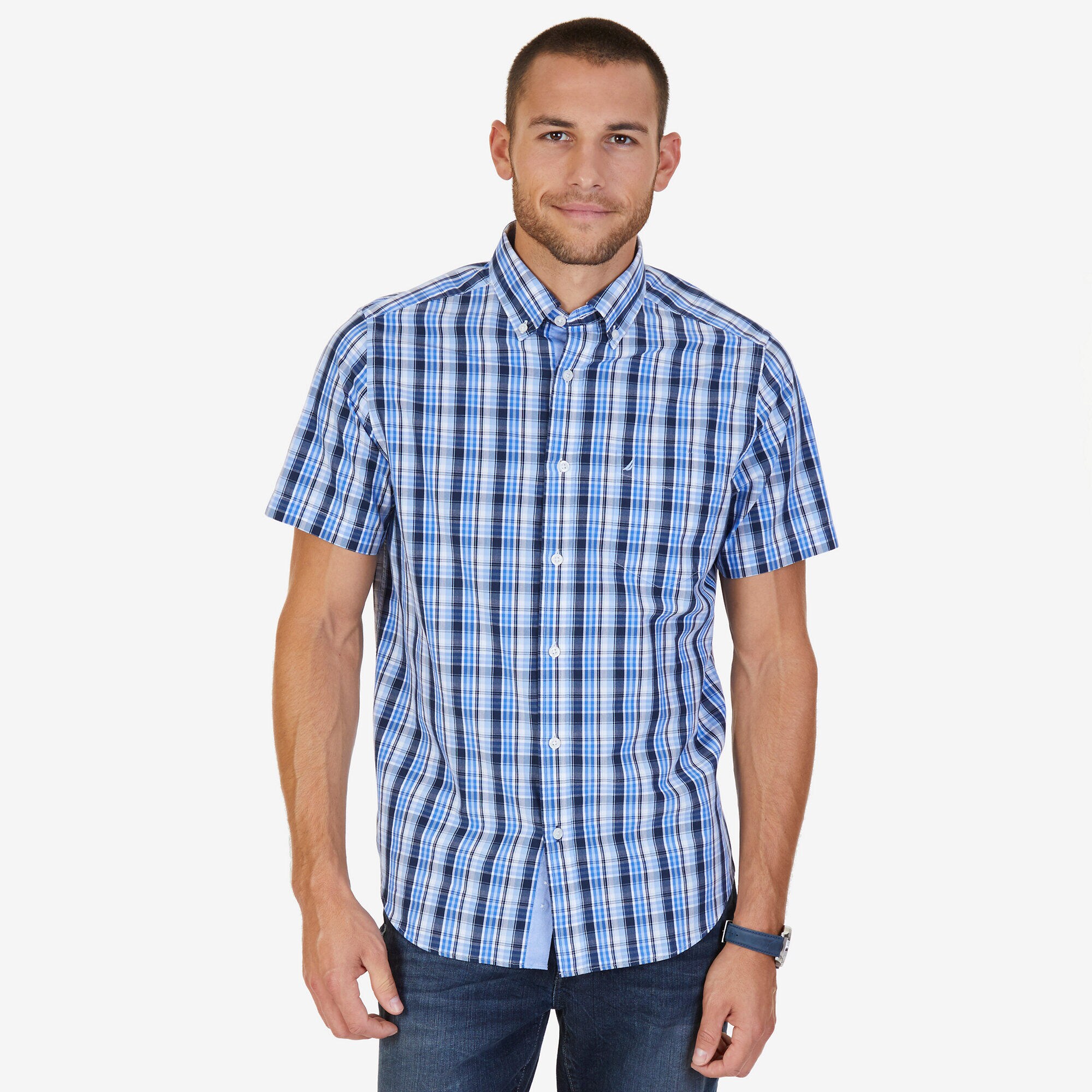 Classic Fit Sky Plaid Shirt,Light Tide Water Wash,large