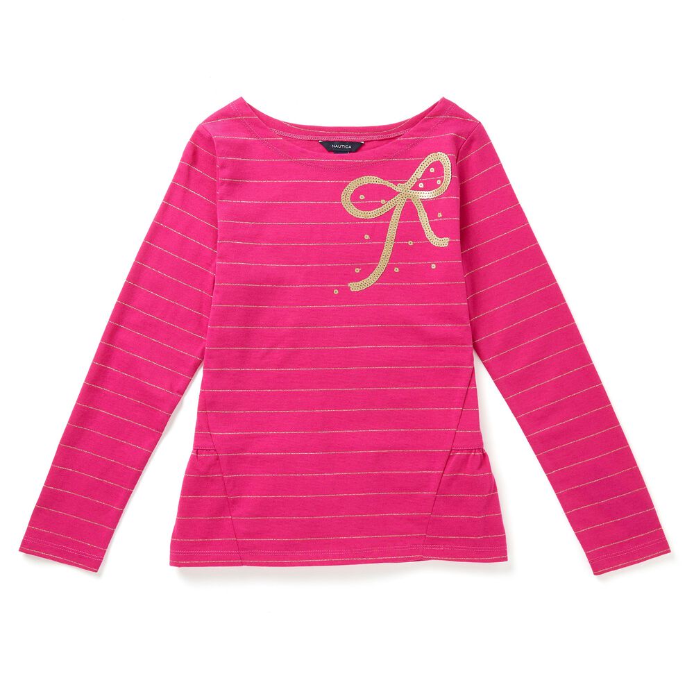 Little Girls' Metallic Stripe Bow Top (4-7),Lure Red Heather,large