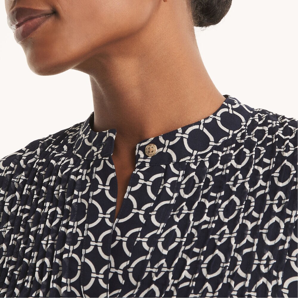 Popover Pintuck Printed Blouse,Sapphire/Pitch Yellow,large