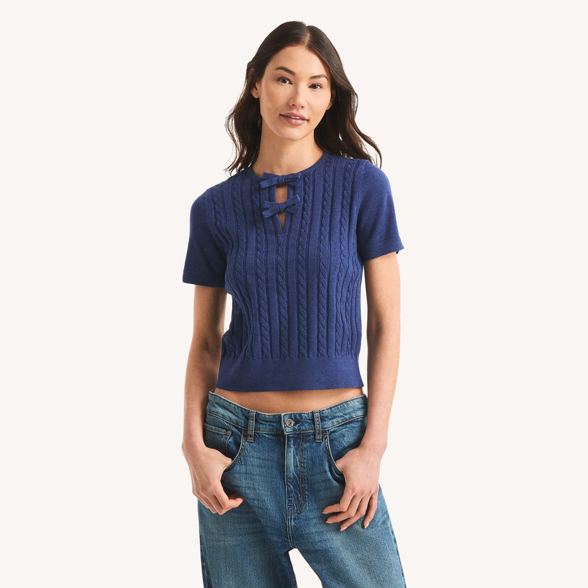 Cable-Knit Short-Sleeve Sweater,Blue Indigo Heather,large