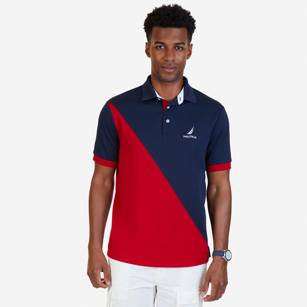 Classic Fit Diagonal Color Blocked Performance Polo Shirt,Navy,large