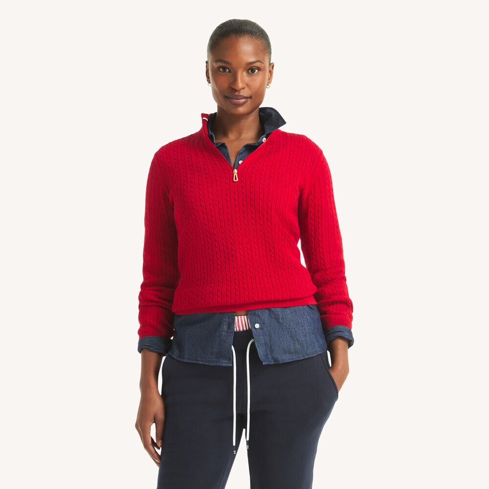 Quarter-Zip Mock-Neck Sweater,Red,large