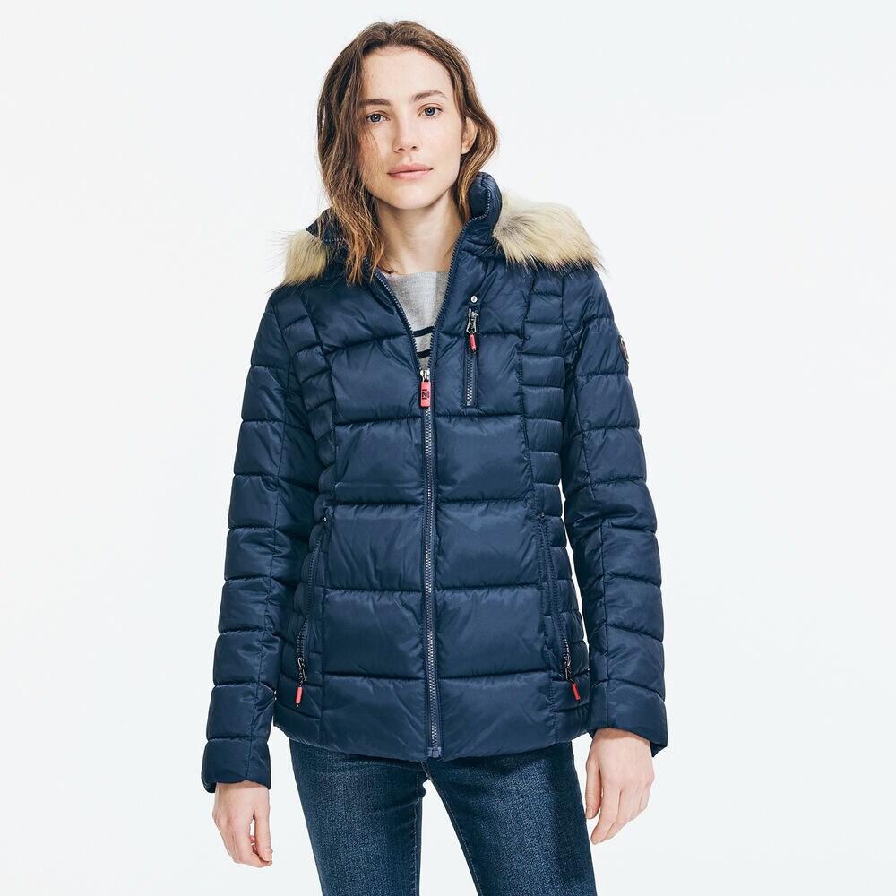 WATER-RESISTANT FAUX FUR TRIM HOODED PUFFER COAT,Stellar Blue Heather,large