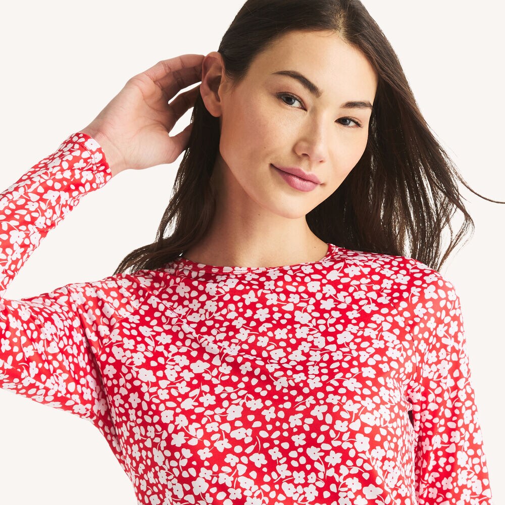Printed Long-Sleeve Rash Guard Swim Shirt,Classic Red,large