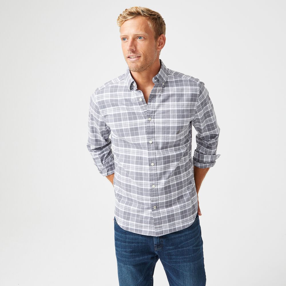 CLASSIC FIT STRETCH PLAID LONG SLEEVE SHIRT,Pewter Grey,large