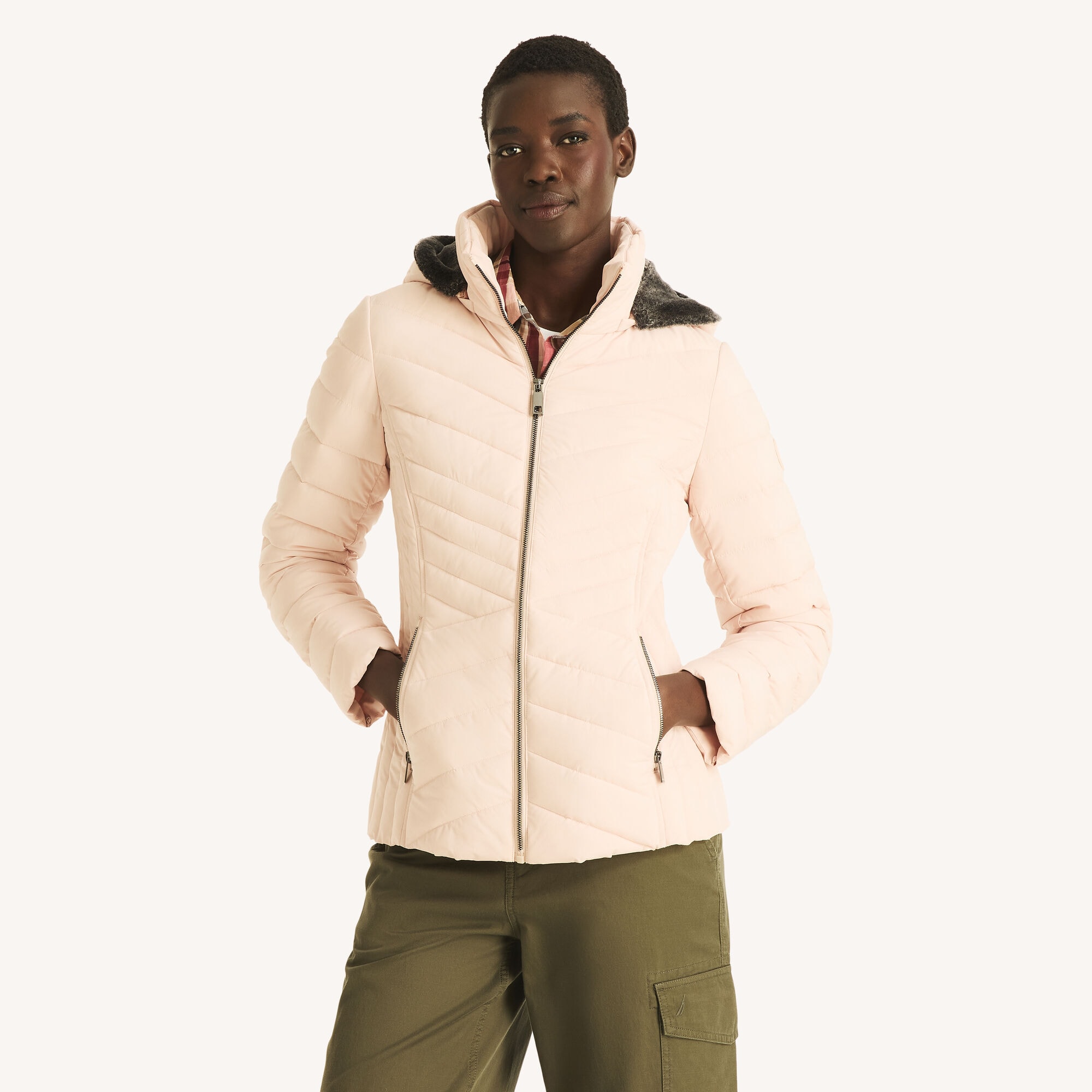 Short Hooded Jacket With Faux Fur Trim,Pink Clay,large