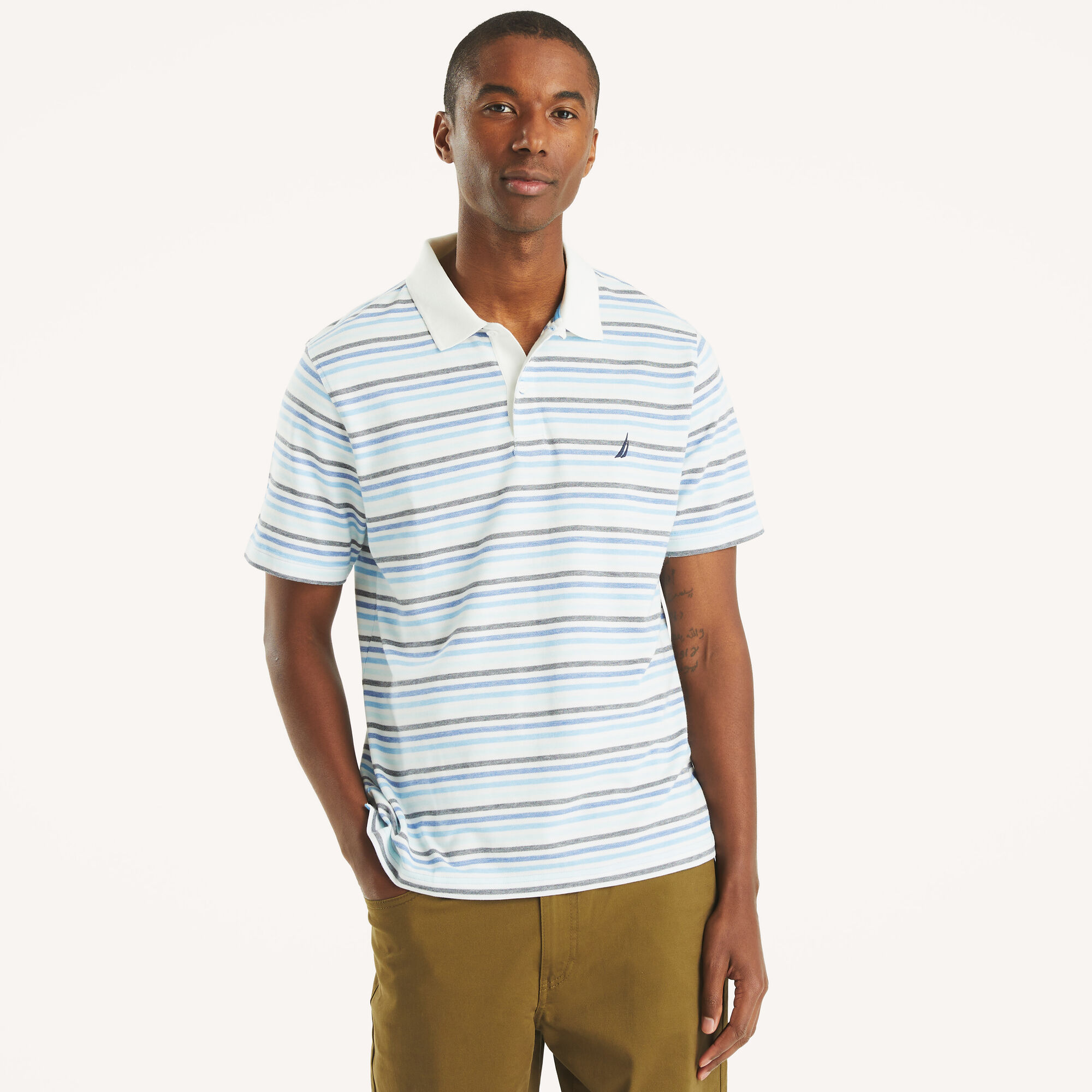 Classic Fit Striped Polo,Azure Blue,large