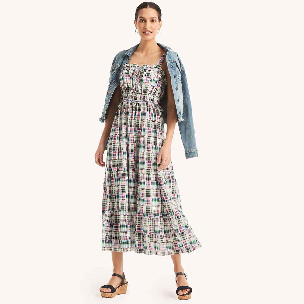 Plaid Square-Neck Midi Dress,Navy,large