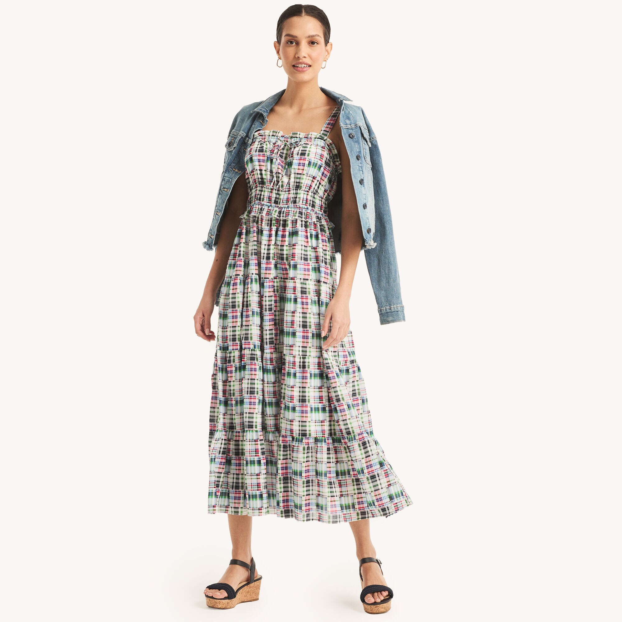 Plaid Square-Neck Midi Dress,Navy,large
