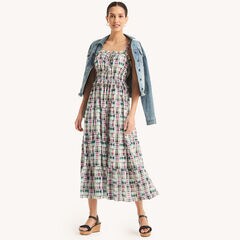 Plaid Square-Neck Midi Dress,Navy,large