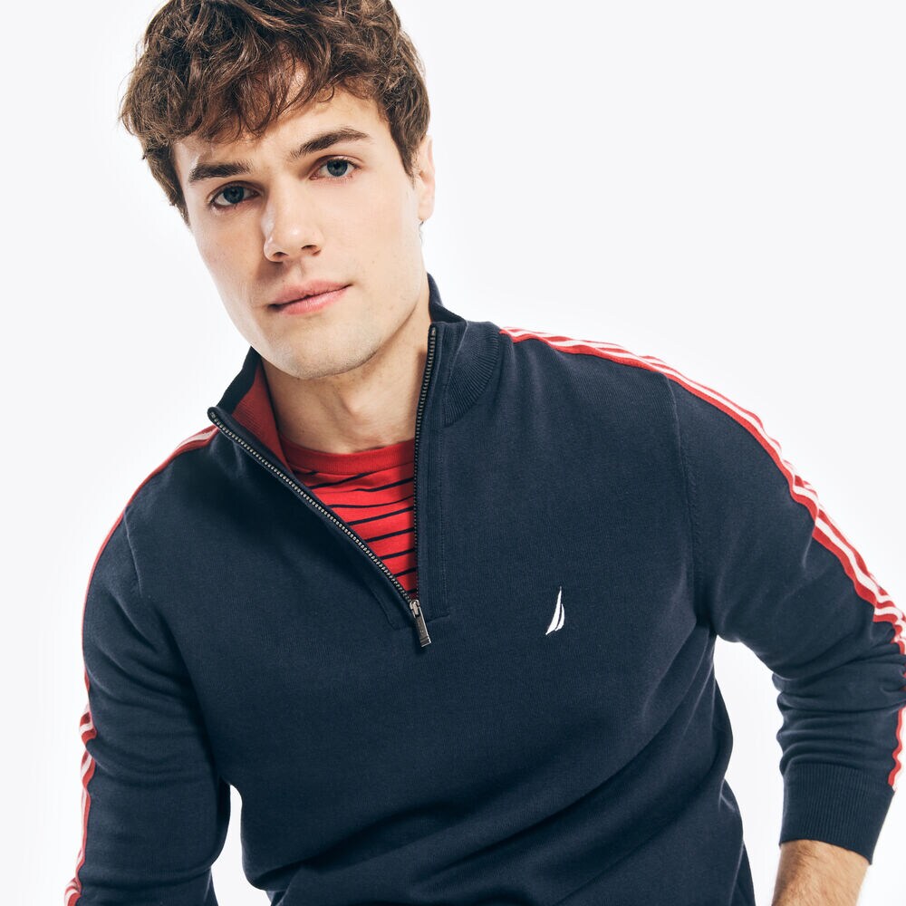 CLASSIC FIT STRIPE SLEEVE QUARTER-ZIP SWEATER,Navy,large