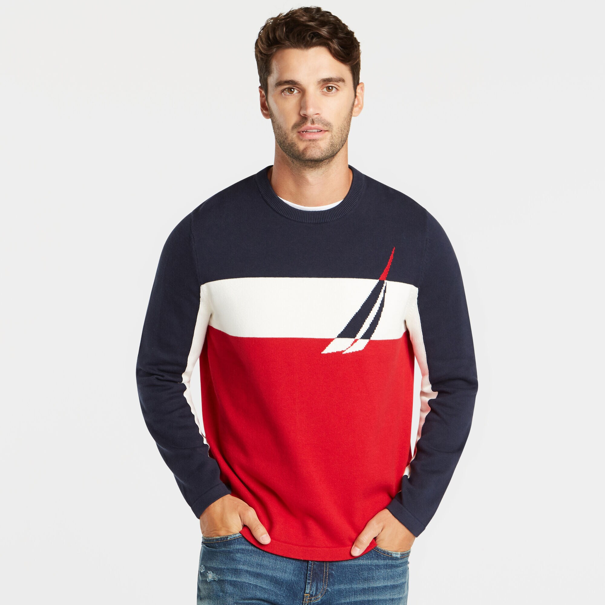 COLORBLOCK INTARSIA LOGO SWEATER,Navy,large