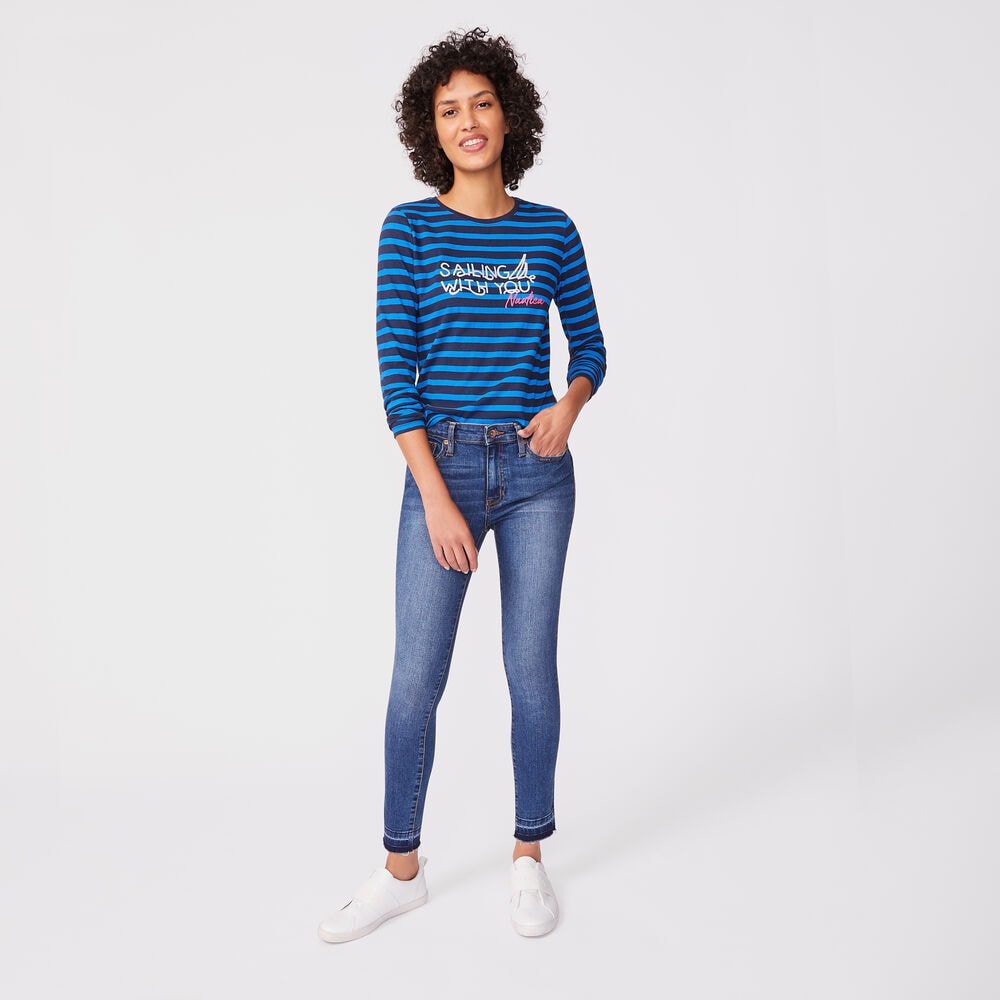 STRIPED GRAPHIC LONG SLEEVE T-SHIRT,Stellar Blue Heather,large