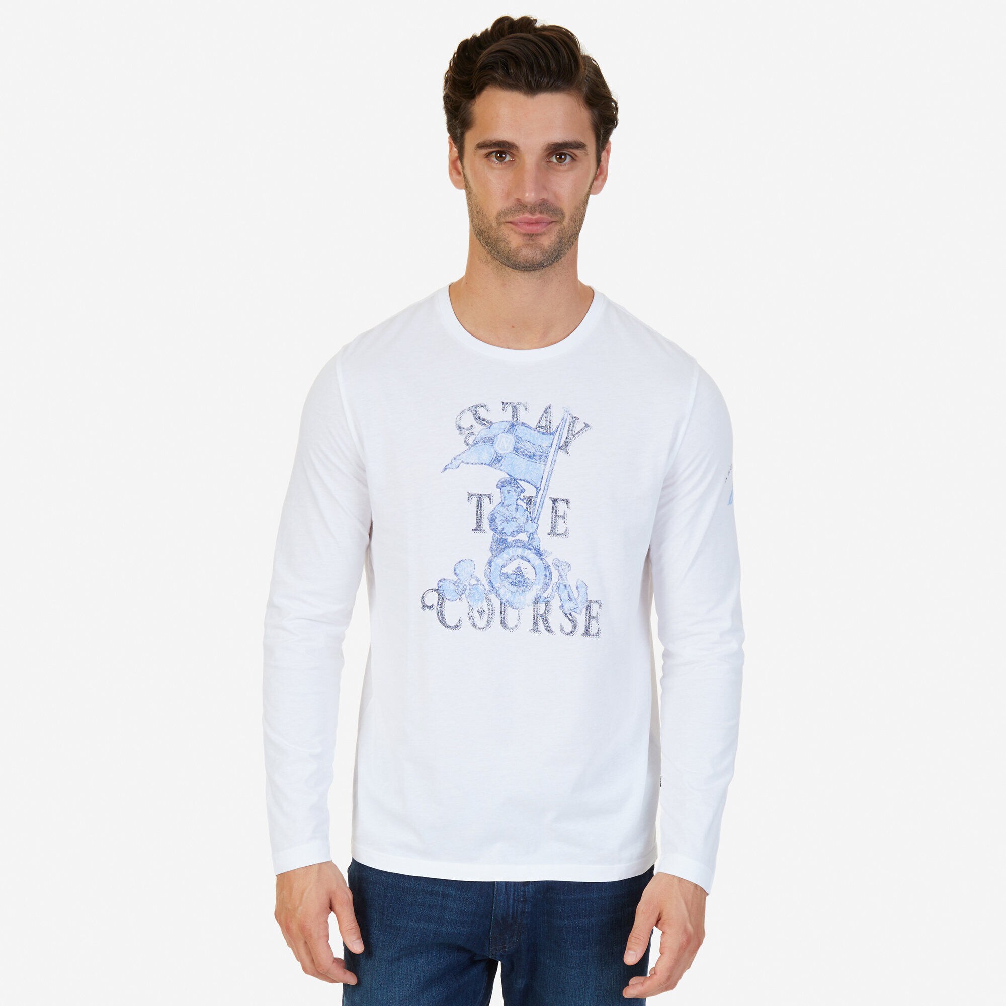 Stay the Course Graphic Long Sleeve T-Shirt,Bright White,large