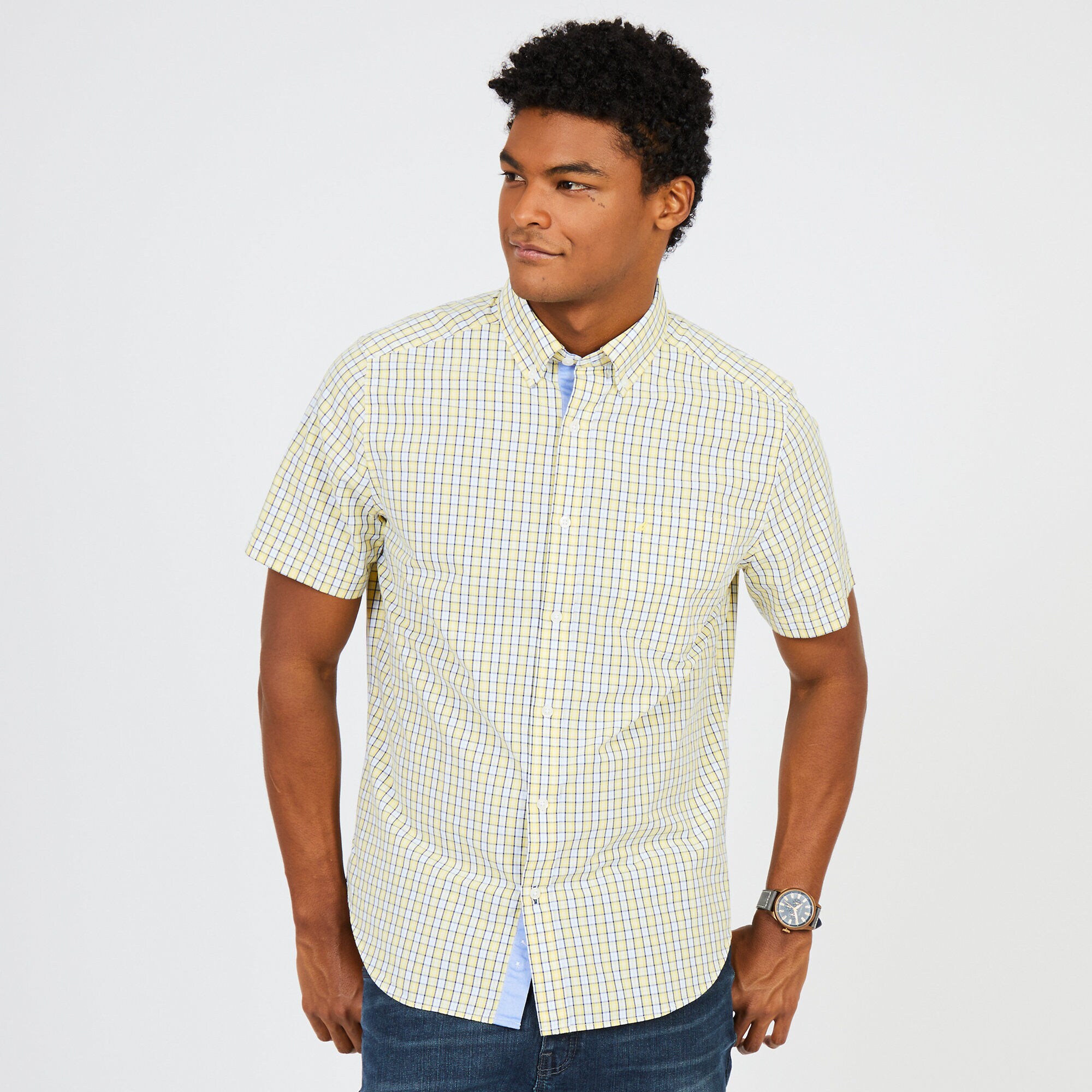 Classic Fit Yellow Plaid Short Sleeve Button-Down Shirt,Sunshine,large