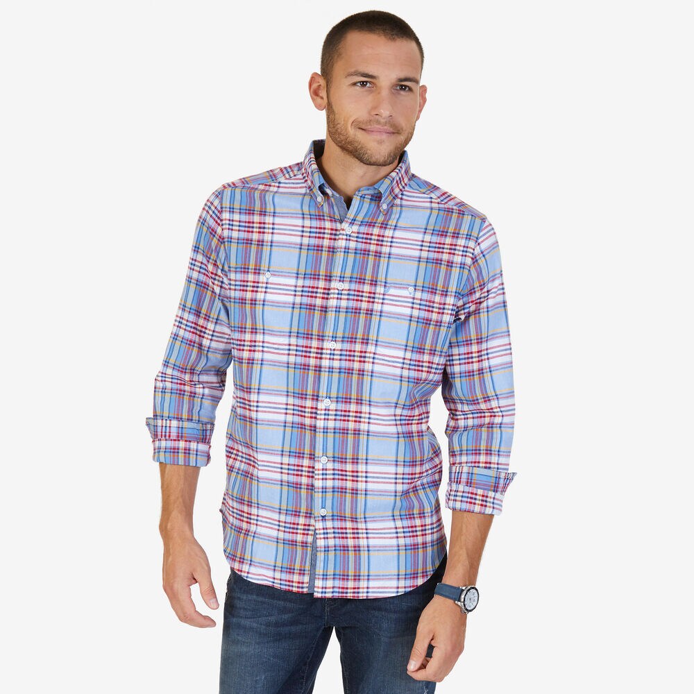 Classic Fit Riviera Plaid Flannel Shirt,Riviera Blue,large