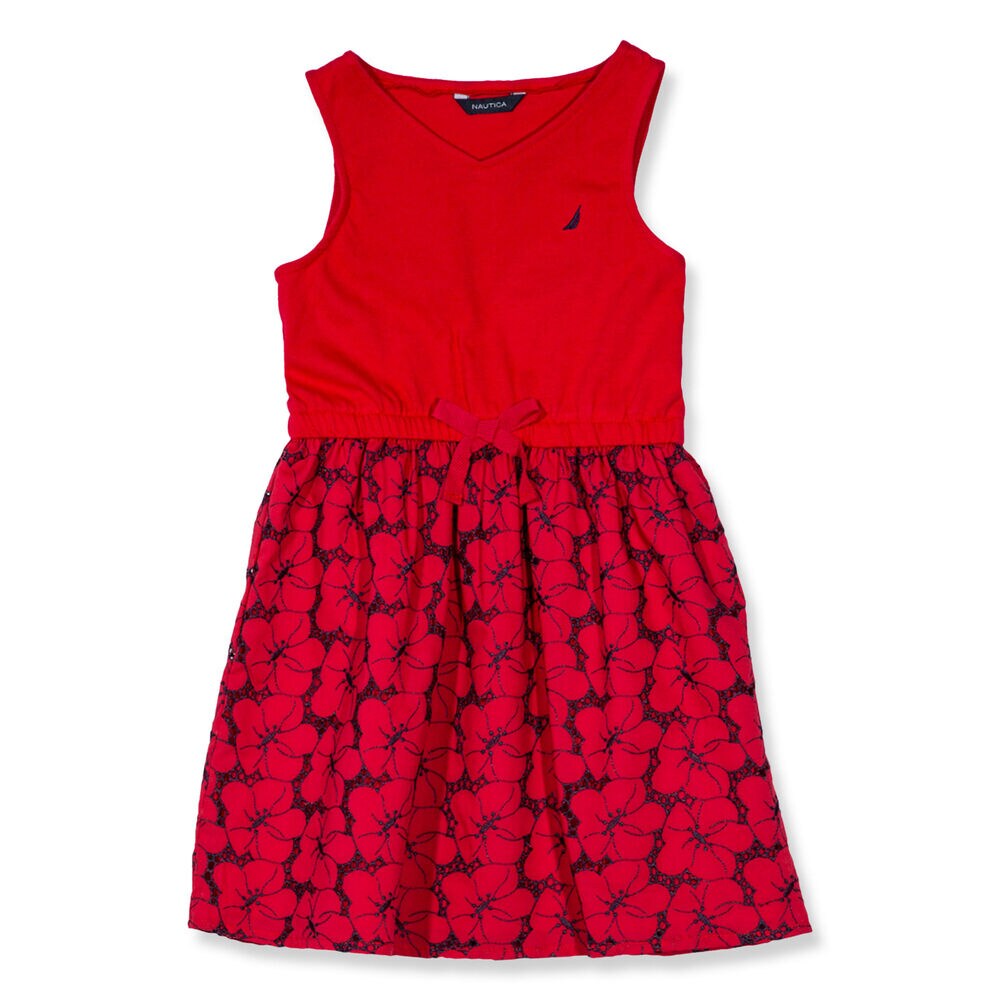 Toddler Girls' Combo Eyelet Bottom Dress (2T-4T),Nautica Red/Orange,large