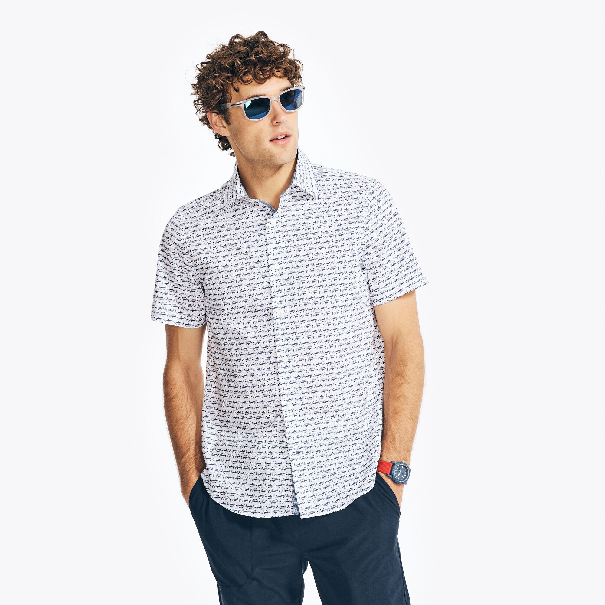 NAVTECH TRIM FIT PRINTED SHORT-SLEEVE SHIRT,Bright White,large