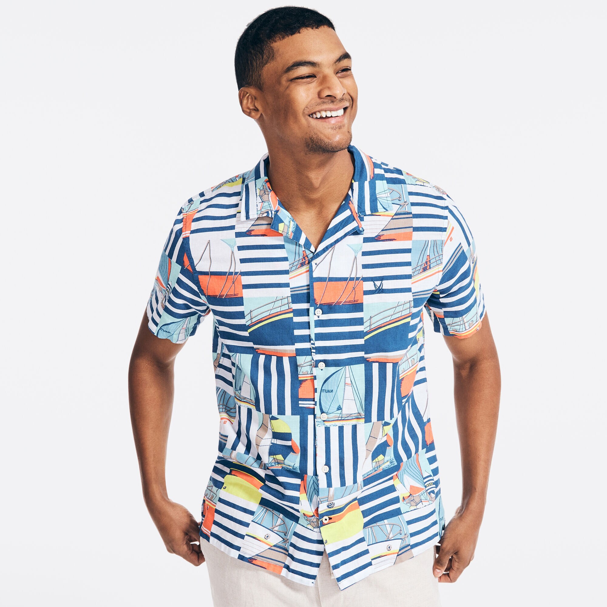 SAILBOAT PRINT LINEN SHORT-SLEEVE SHIRT,Windsurf Blue,large