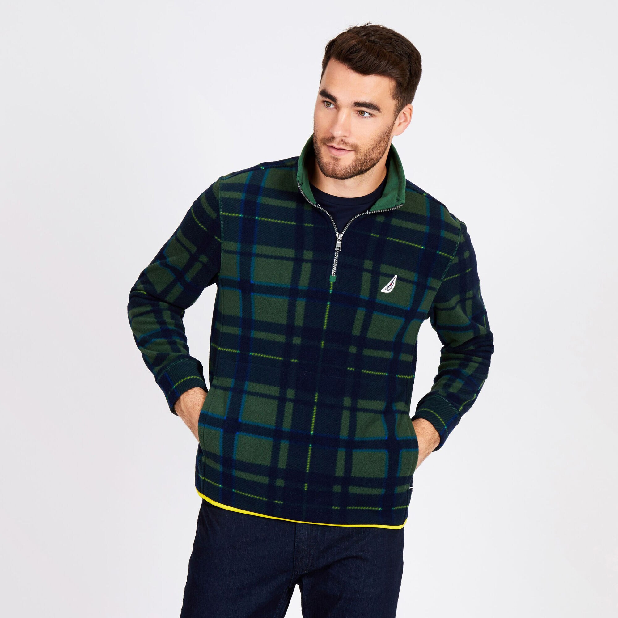 Quarter-Zip Geo Fleece Pullover,Pacific Pine,large