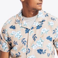 FLORAL PRINT LINEN SHORT-SLEEVE SHIRT,Tuscany Tan,large