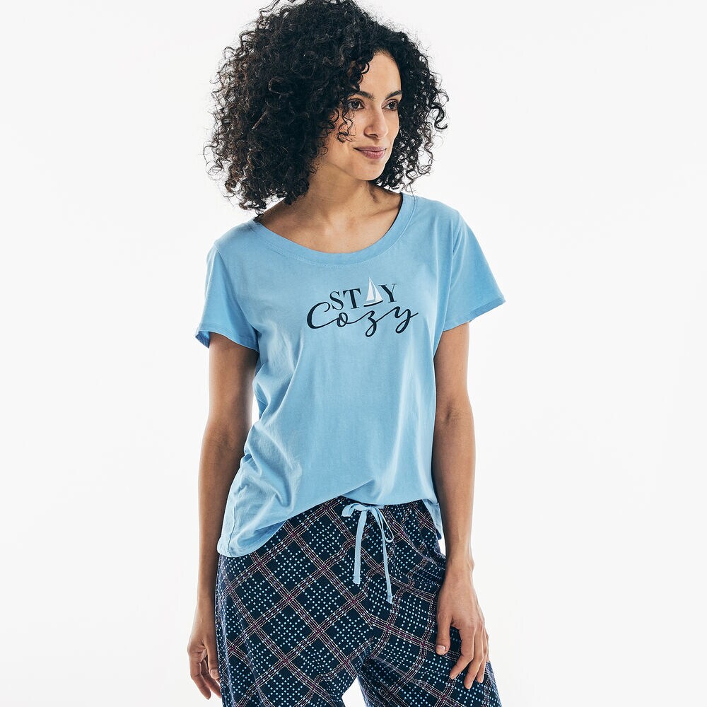 STAY COZY GRAPHIC SHORT SLEEVE PAJAMA SET,Rolling River Wash,large
