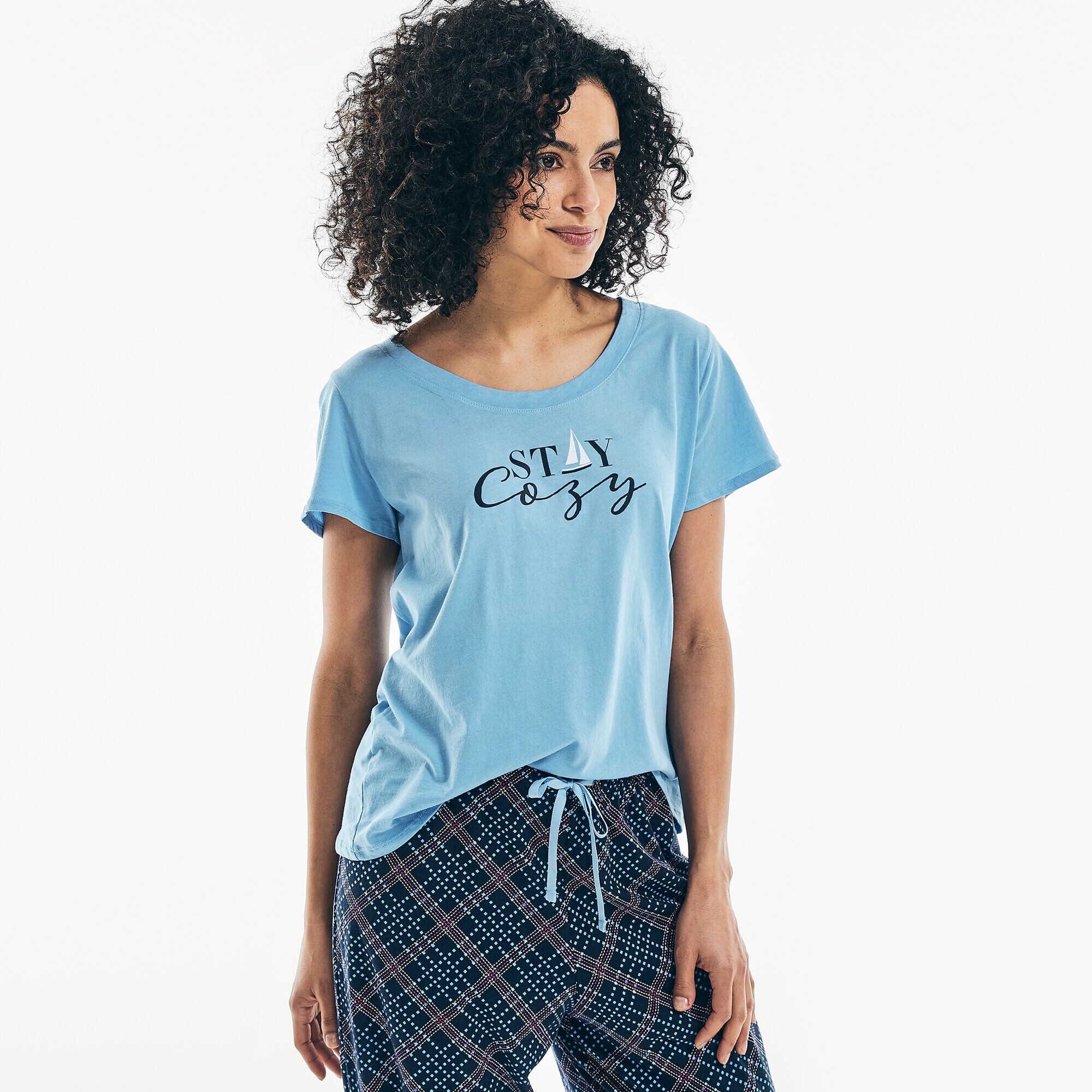 STAY COZY GRAPHIC SHORT SLEEVE PAJAMA SET,Rolling River Wash,large