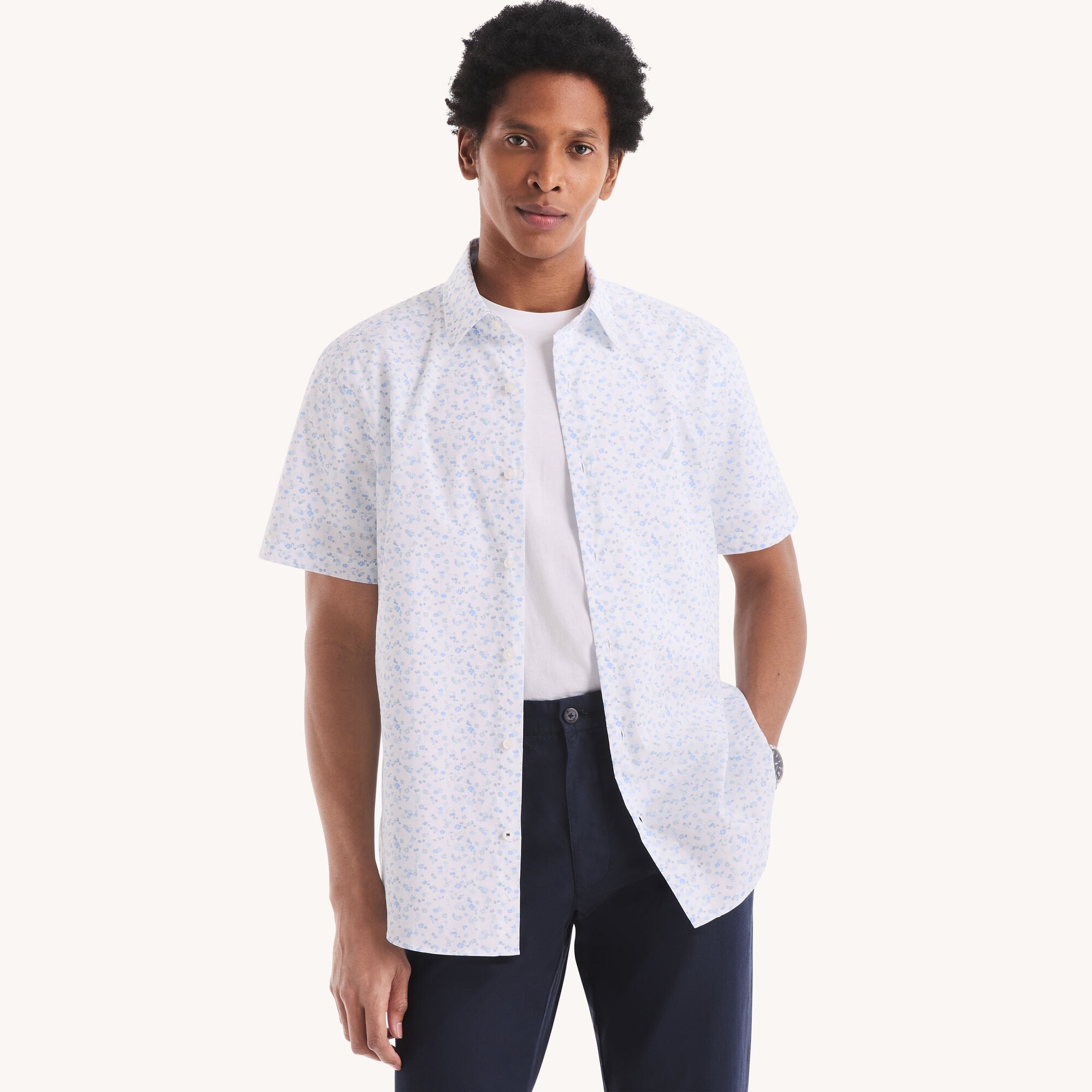 Classic Fit Wrinkle-Resistant Printed Short-Sleeve Shirt,Bright White,large