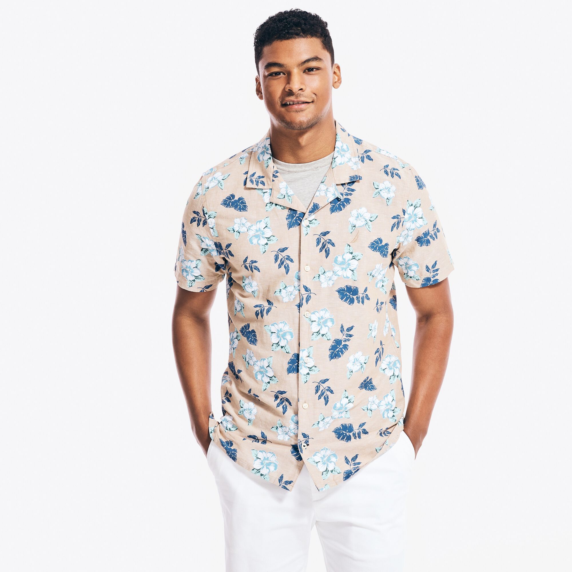 FLORAL PRINT LINEN SHORT-SLEEVE SHIRT,Tuscany Tan,large