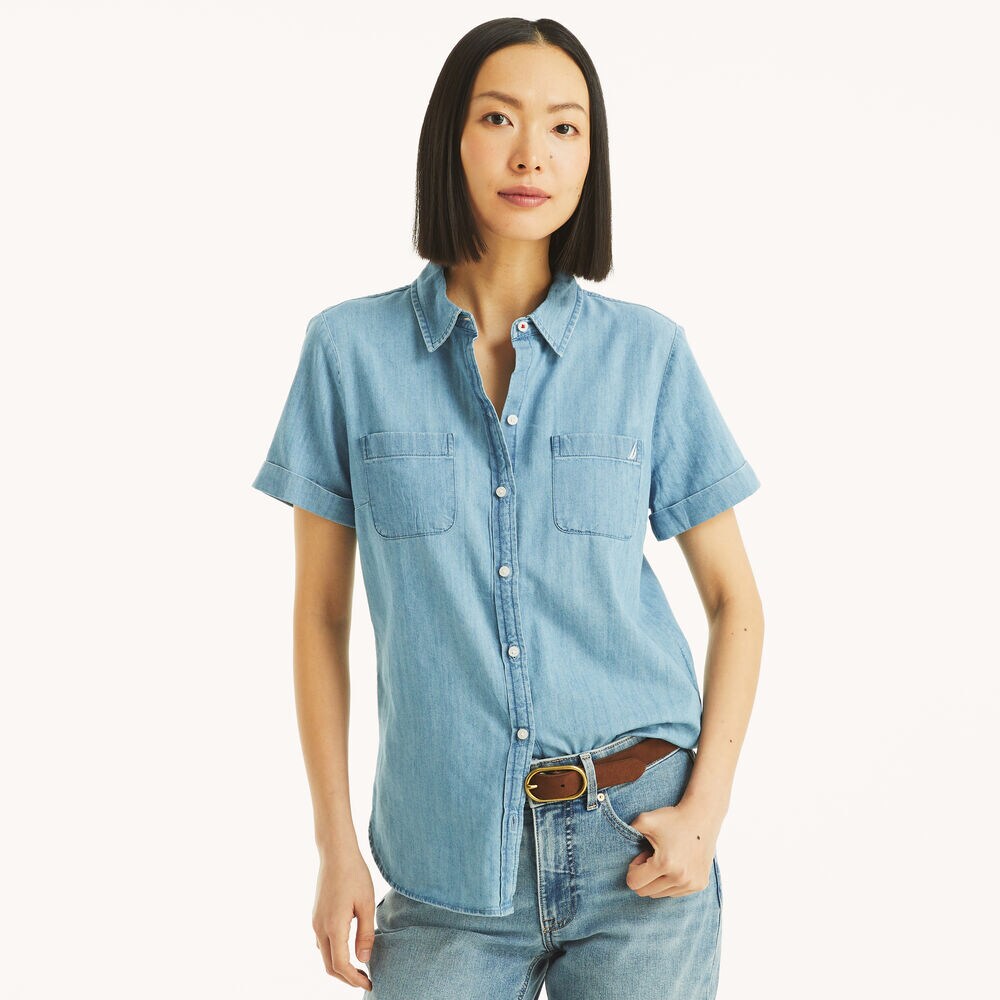 Chambray Button-Up Short-Sleeve Shirt,Chambray,large