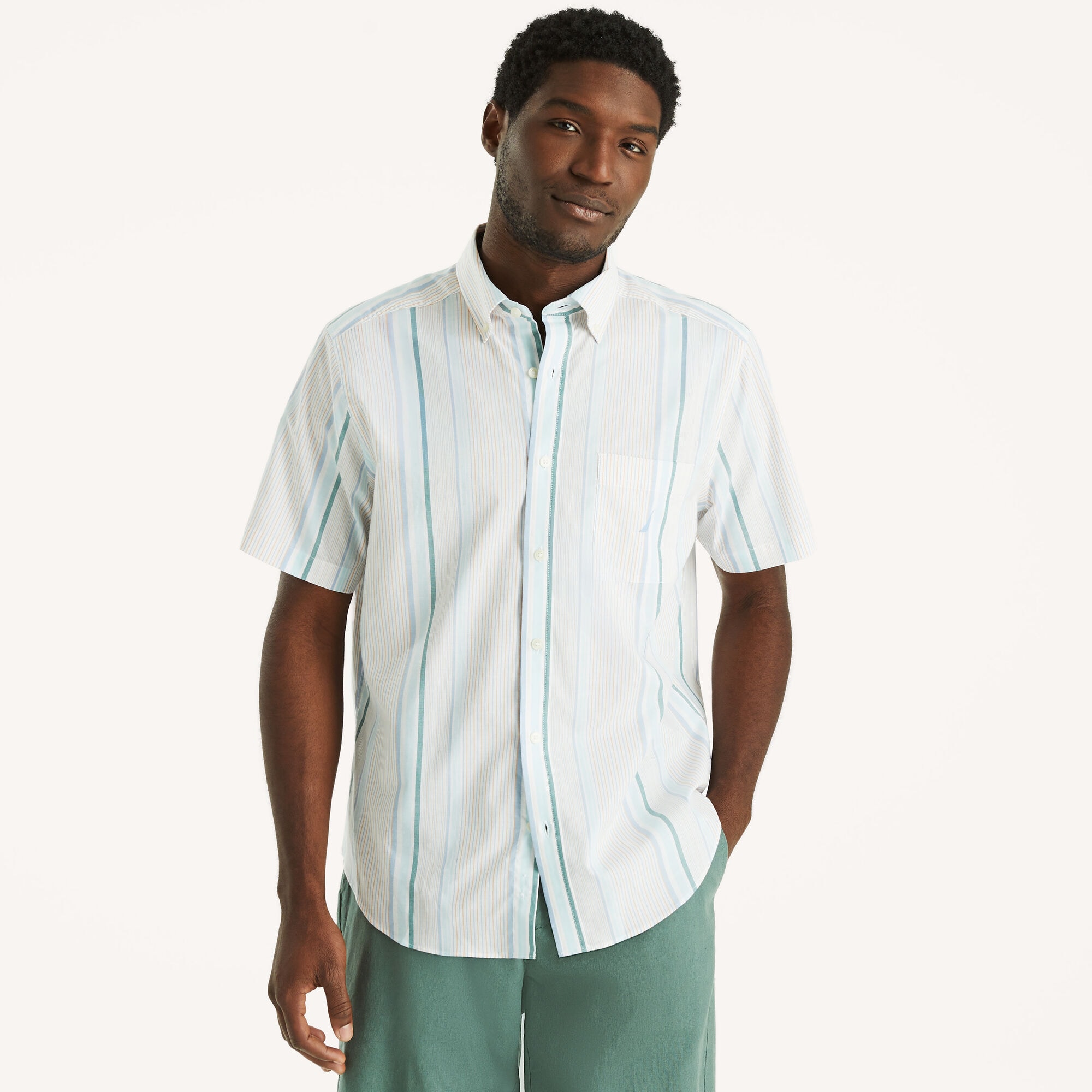 Striped Short-Sleeve Shirt,Bright White,large