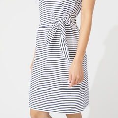 STRIPE TIE WAIST KNIT DRESS,Bright White,large