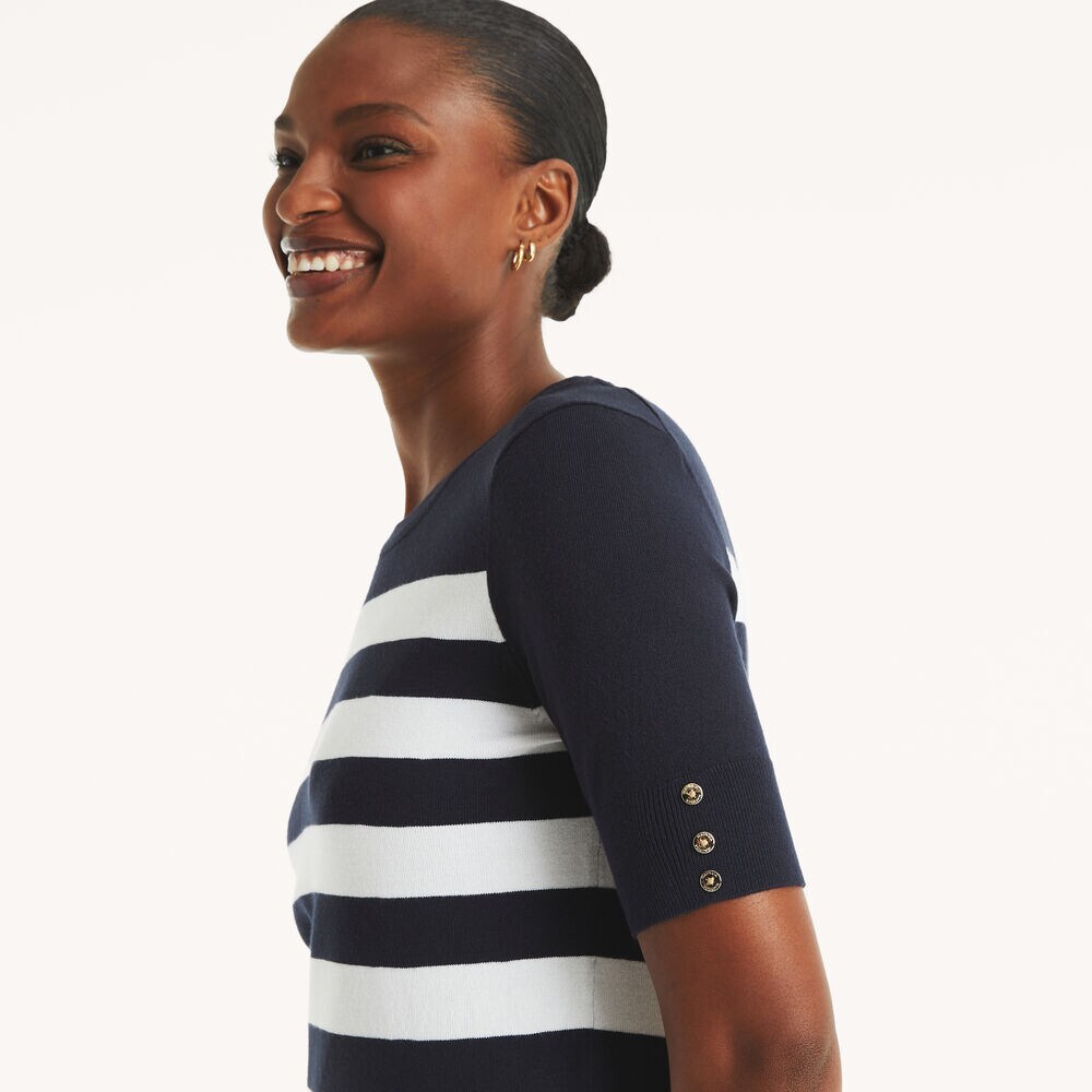 Striped Short-Sleeve Sweater,Navy,large