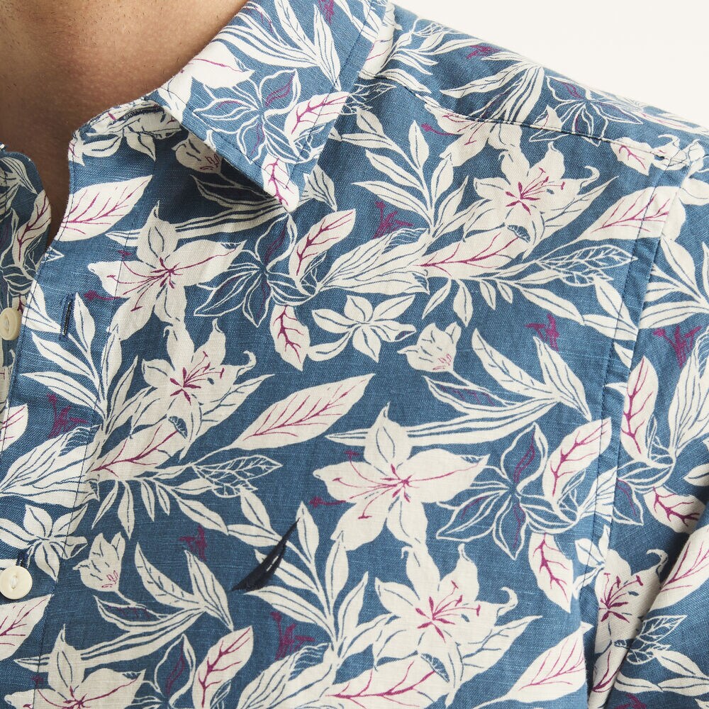 Printed Linen Short-Sleeve Shirt,Nite Sea Heather,large