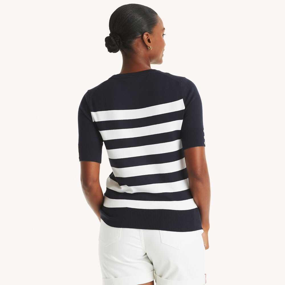 Striped Short-Sleeve Sweater,Navy,large