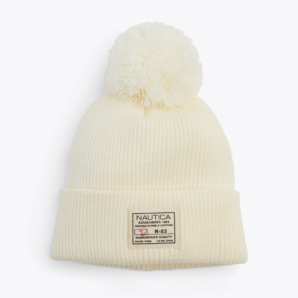 Rib-Knit Pom Hat,Champagne,large