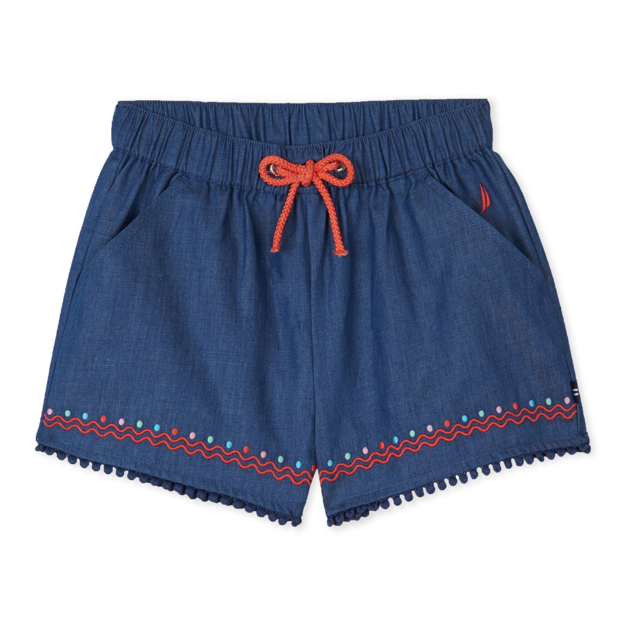 GIRLS' PULL ON EMBROIDERED CHAMBRAY SHORTS,Ocean Blue,large